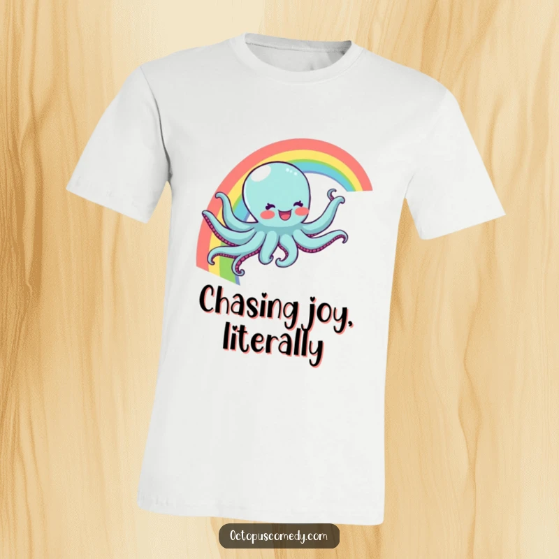 Funny t-shirt showcasing a happy octopus sliding down a colorful rainbow, perfect for spreading cheer and as a funny, magical gift.