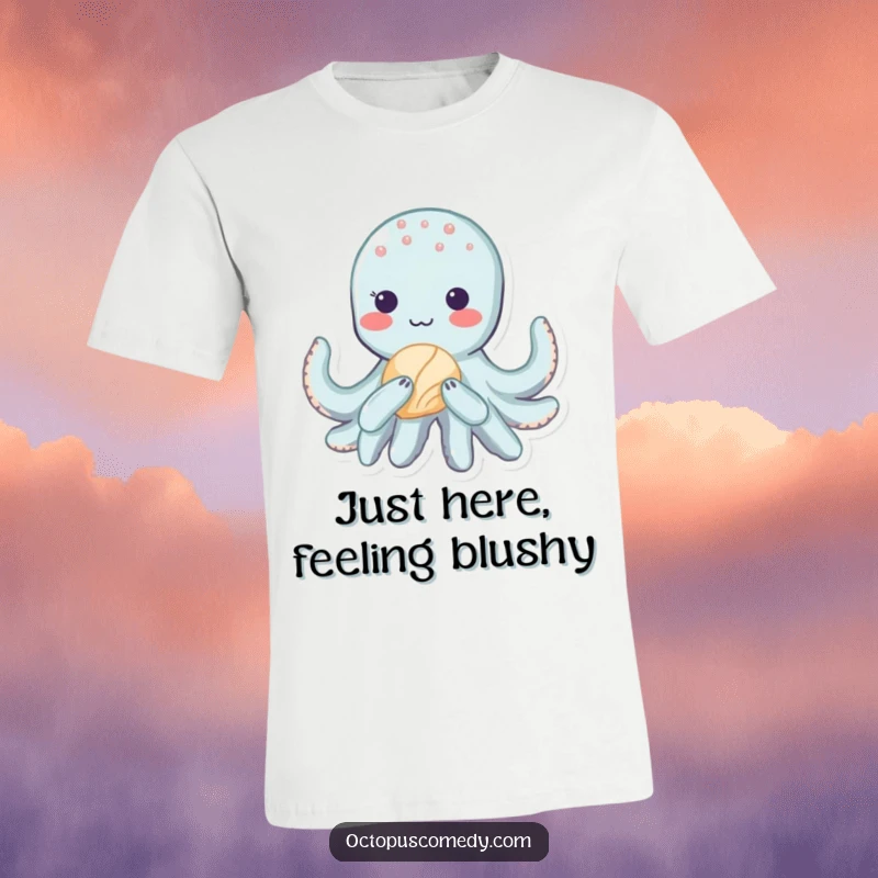 Funny kawaii octopus character blushing while holding a seashell, printed on a soft, comfortable t-shirt for a cute look.
