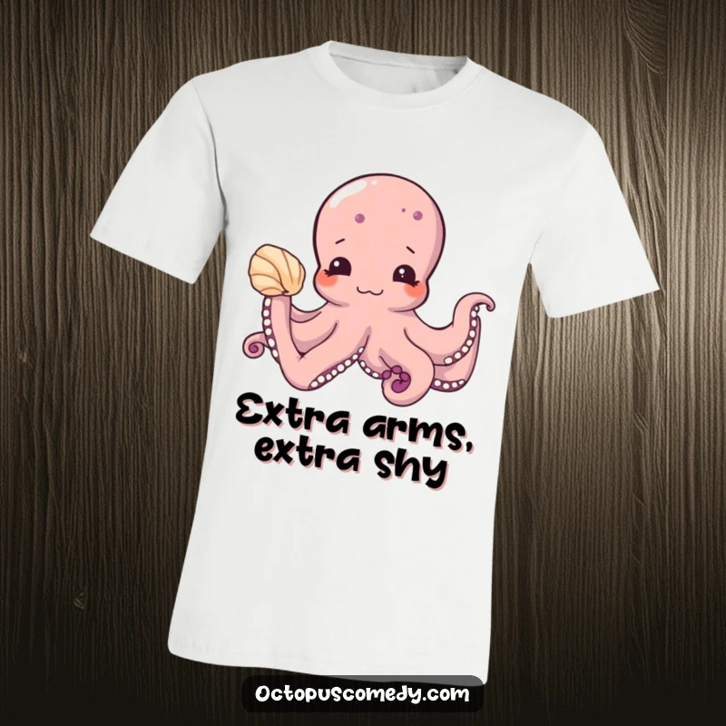 Funny t-shirt showcasing a charmingly shy octopus extending a seashell, perfect for marine life enthusiasts and a funny present.