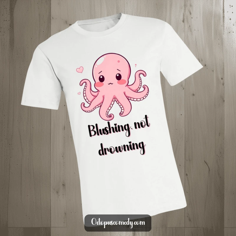 Funny t-shirt with a blushing, surprised octopus caught in a gentle current, evoking humor and a cute, relatable moment.