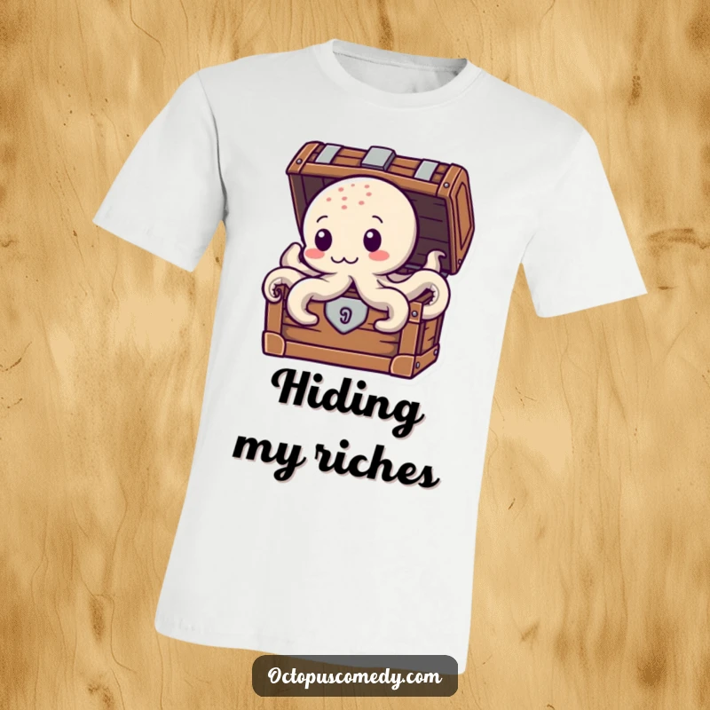 Funny Treasure Octopus T-Shirt, featuring a sneaky octopus peeking from a treasure chest, ideal for adventure lovers.