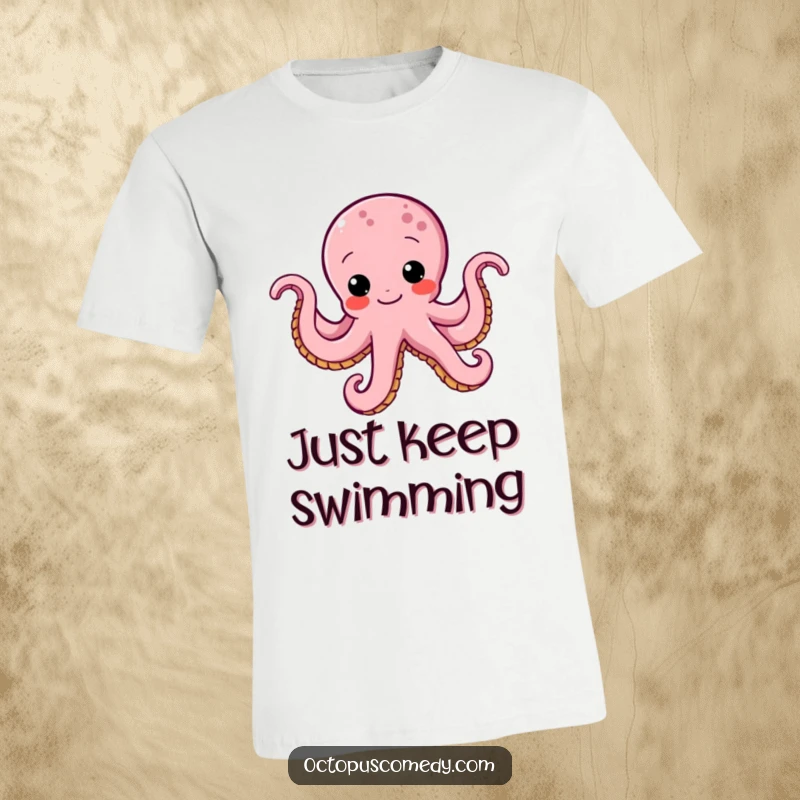 Funny octopus t-shirt with a determined octopus doing a funny wiggle while swimming with purpose, a humorous graphic tee.