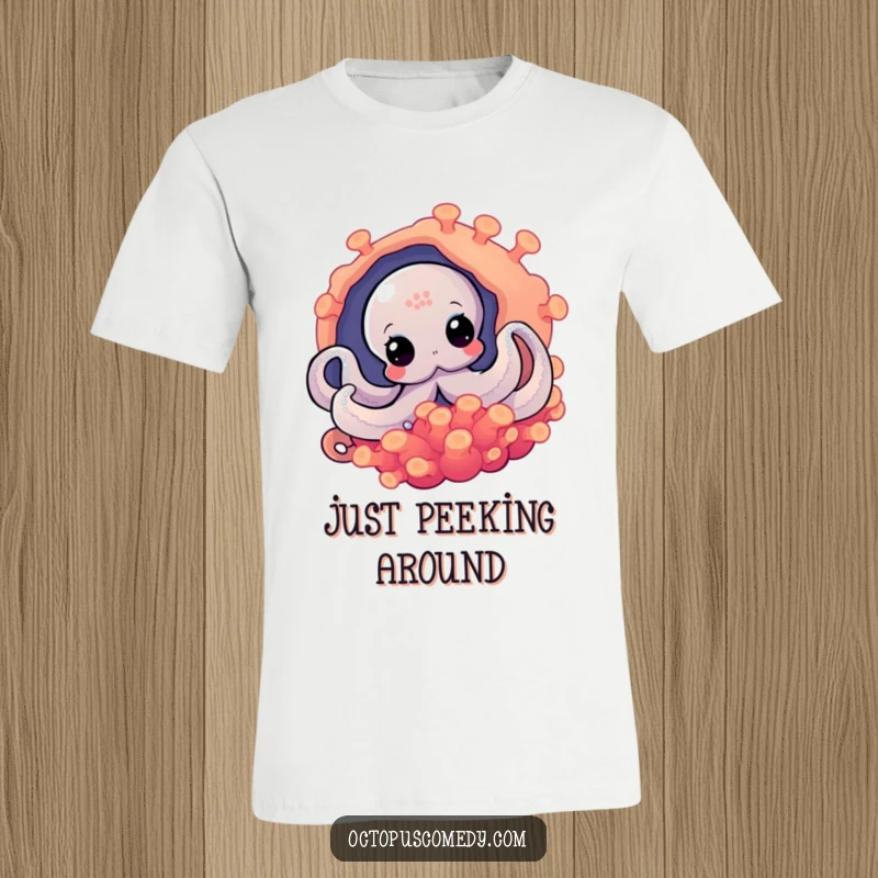 Funny octopus peeking with curiosity from a colorful anemone, a comical t-shirt for the inquisitive.