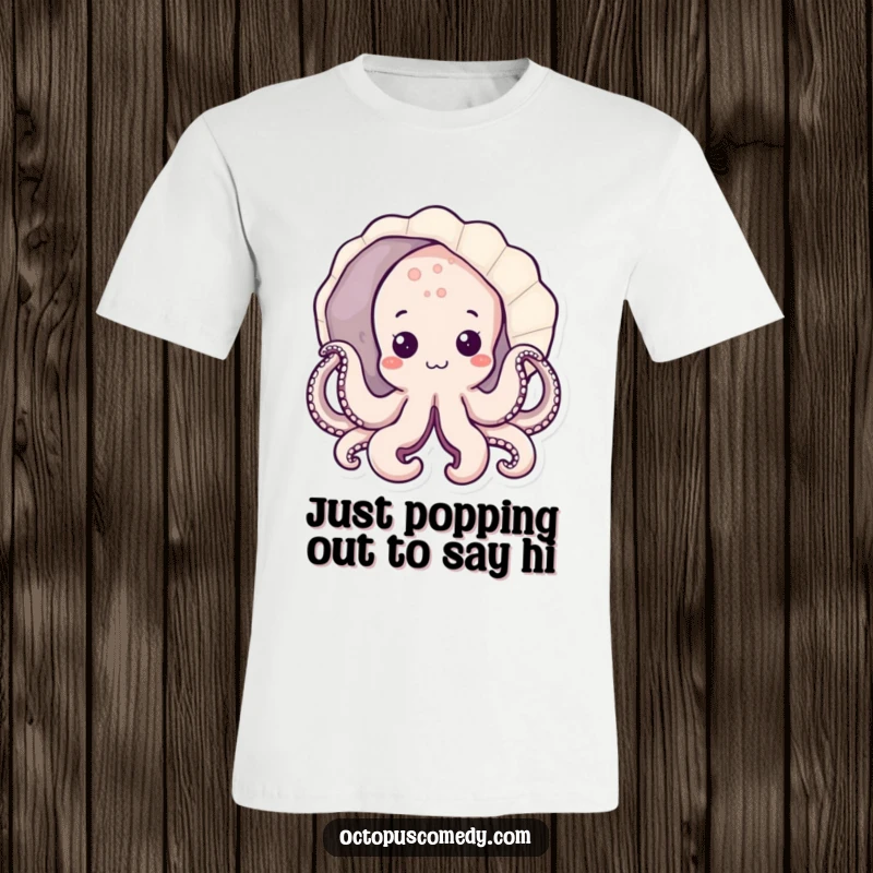 Funny kawaii octopus hiding behind a seashell on a t-shirt, cute and funny ocean theme gift.