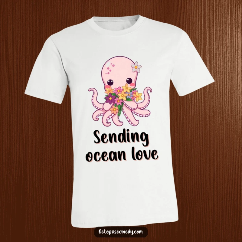 Kawaii Octopus Flower T-Shirt, featuring a charmingly cute octopus holding a bouquet of sea flowers, a symbol of affection.