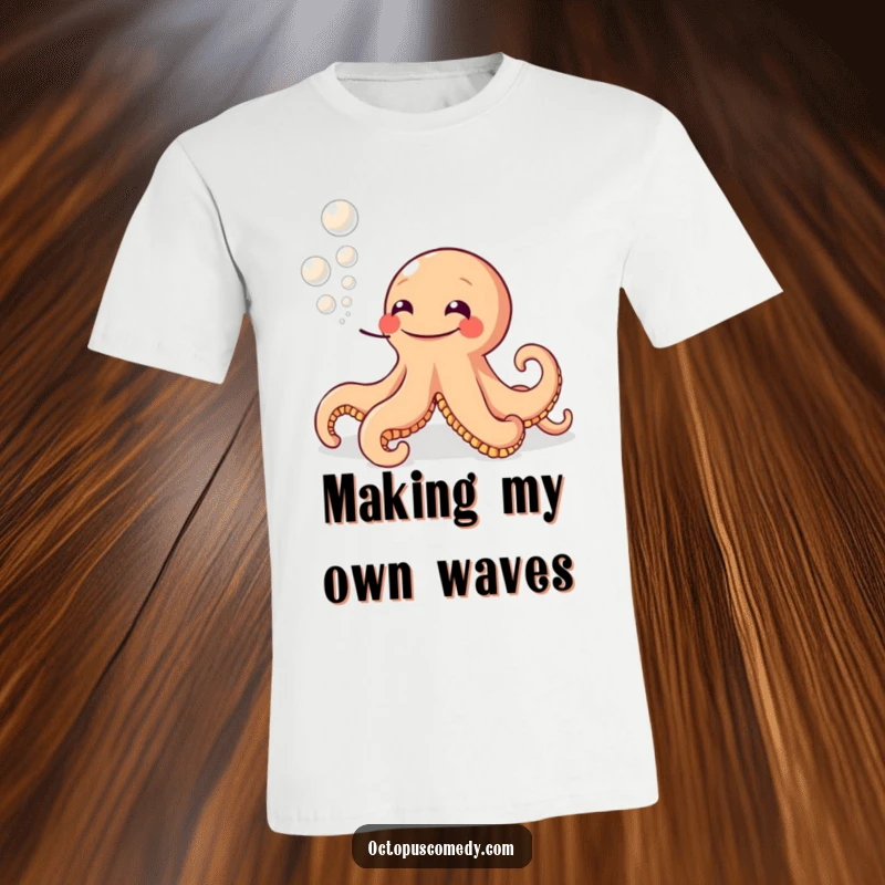 Funny t-shirt featuring a wide-grinning octopus happily blowing a stream of ink bubbles, perfect for humorous gifting.