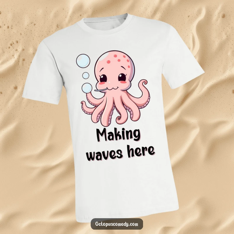 Funny t-shirt depicting a comical octopus with multiple arms, playfully blowing a stream of bubbles with a silly, exaggerated expression.