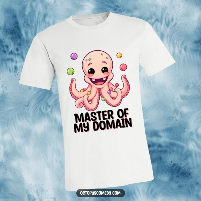 Funny t-shirt graphic of an octopus with a huge grin, expertly juggling a colorful assortment of pearls.