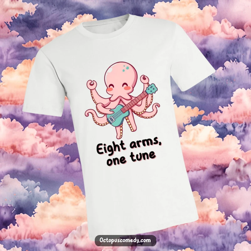 Funny t-shirt graphic of an octopus with eight arms enthusiastically playing a musical instrument, embodying musical joy.