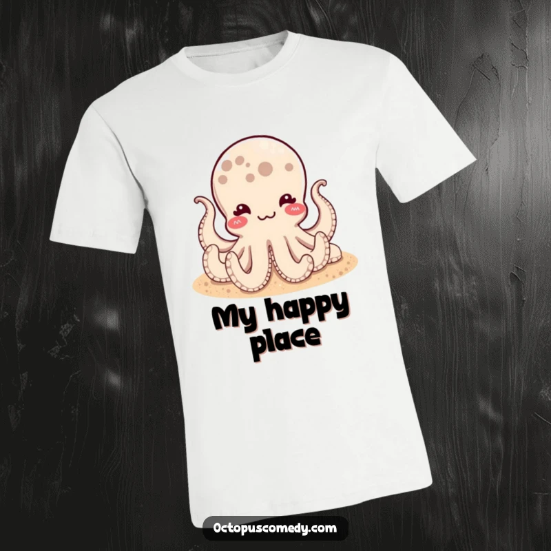 Funny t-shirt with a satisfied octopus lounging on a sandy ocean floor, exuding ultimate relaxation and humor.