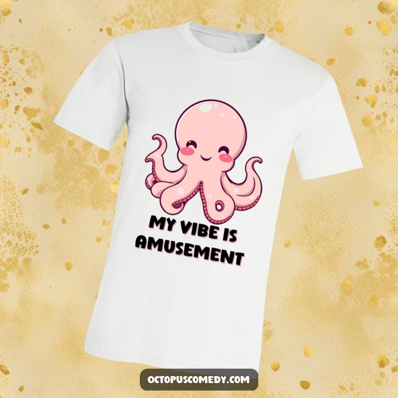 Funny Octopus T-Shirt showcasing a smiling cephalopod with a gentle curve in its bell, radiating amusement and spreading cheer.