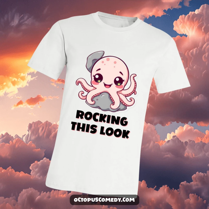 Funny Octopus T-Shirt: A charming octopus character with wide, joyful eyes peeking curiously from a rock.