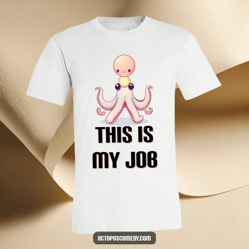 Funny octopus balancing a delicate stack of tiny, glowing orbs on a t-shirt, showcasing magic and skill, perfect gift.