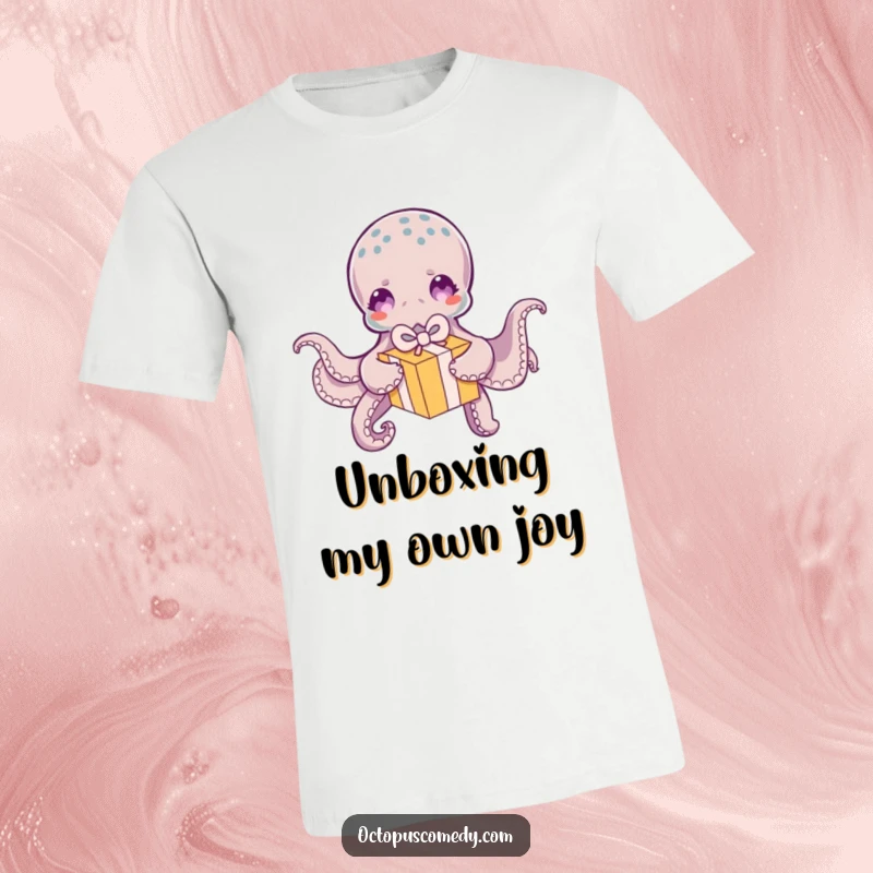 Funny Octopus T-Shirt: An energetic octopus playfully unwrapping a vibrant, small gift box, conveying pure excitement and fun.