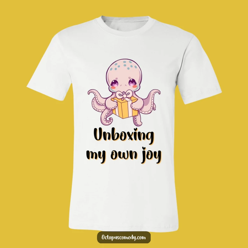 Funny Octopus T-Shirt: Playful Gift Box Unwrapping Tee - Joyful Gift