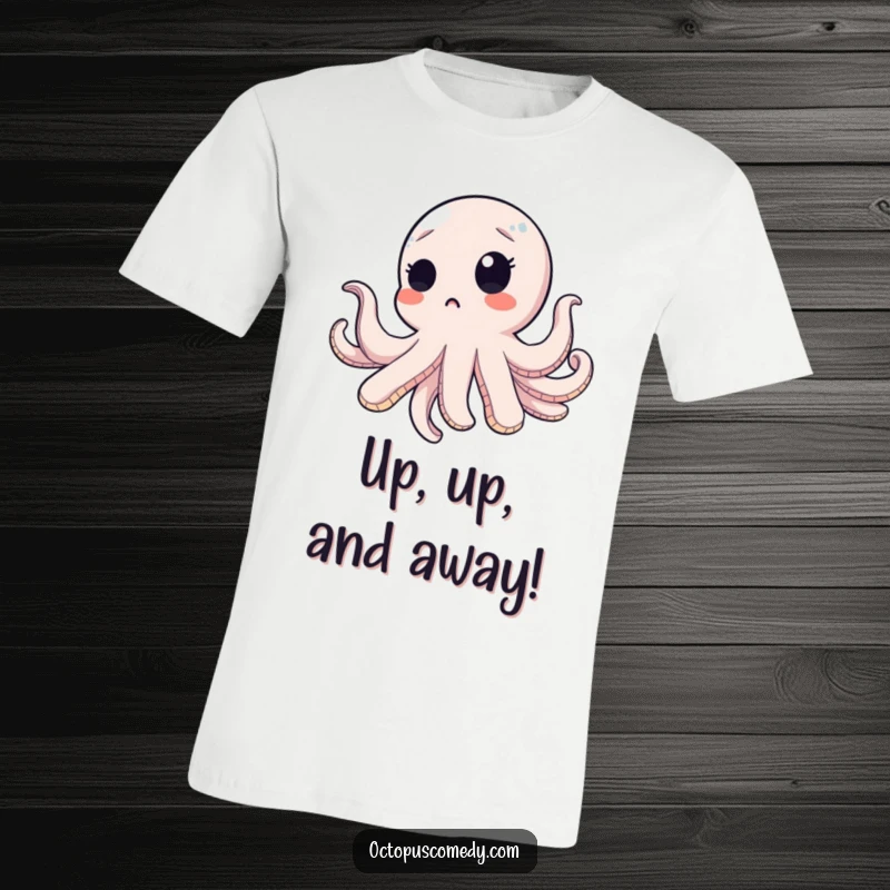 Funny octopus with a surprised blink, seemingly floating upwards in this humorous and eye-catching t-shirt design.