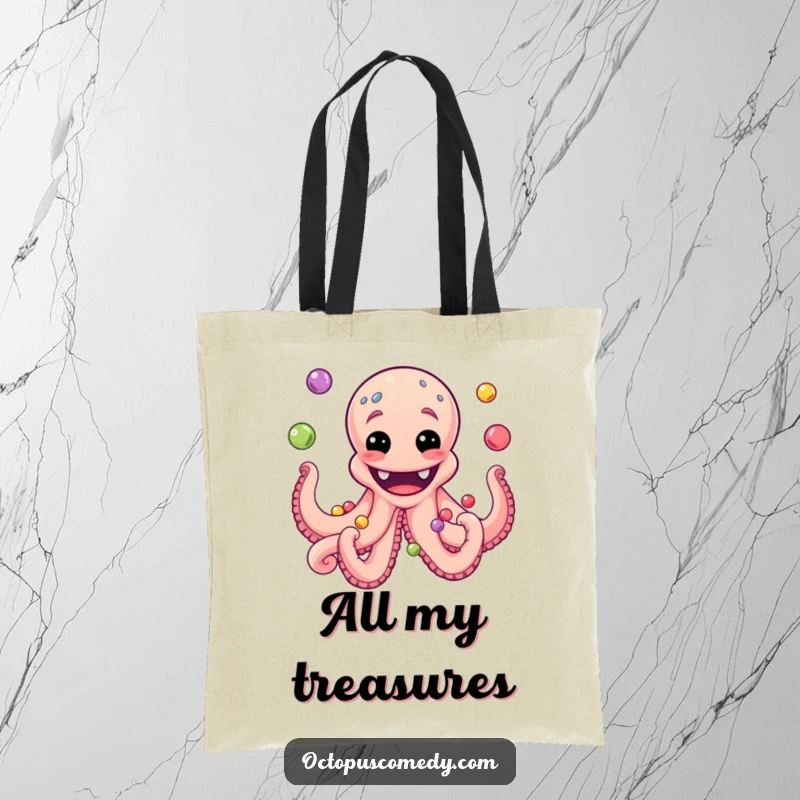 Funny tote bag with a grinning octopus artistically juggling a variety of colorful pearls, perfect for shoppers.