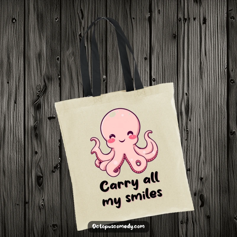 Funny Octopus Tote Bag with a smiling cephalopod, its bell gently curved, radiating amusement and ready for shopping.