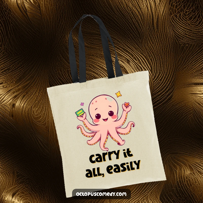 Funny kawaii octopus juggling colorful objects with many arms, a whimsical and functional tote bag.