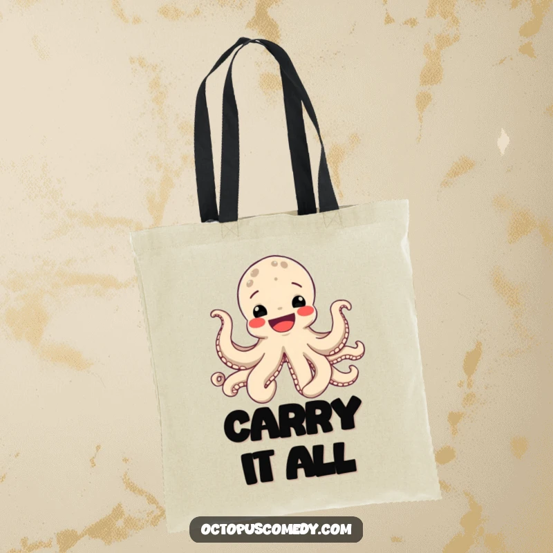 Funny Octopus Tote Bag showing a happy octopus with a wide, infectious smile and all eight tentacles waving.