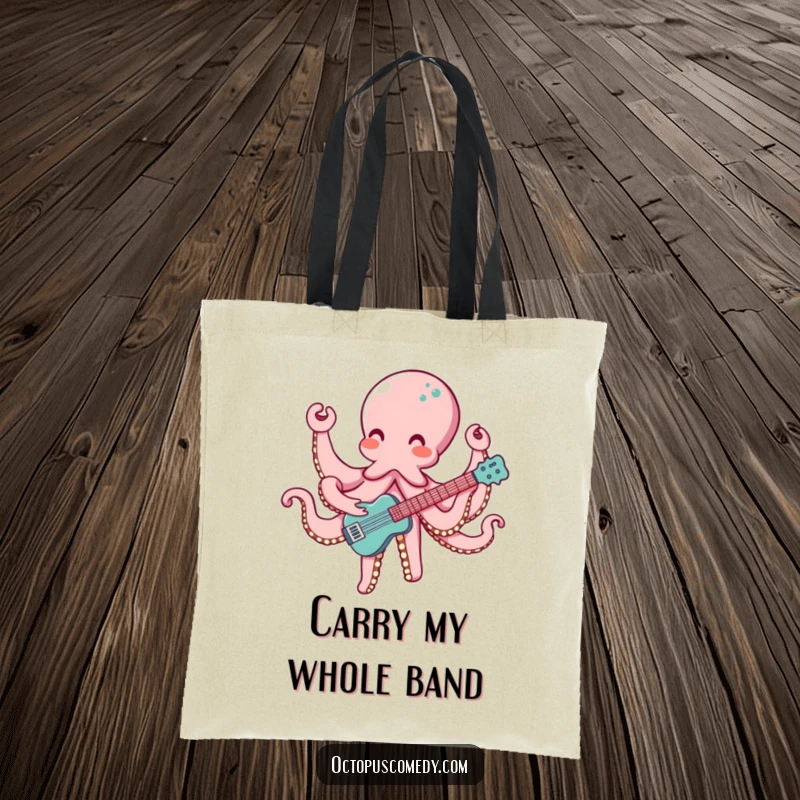 Funny tote bag illustraton of an octopus with eight arms playing a musical instrument, perfect for music lovers.