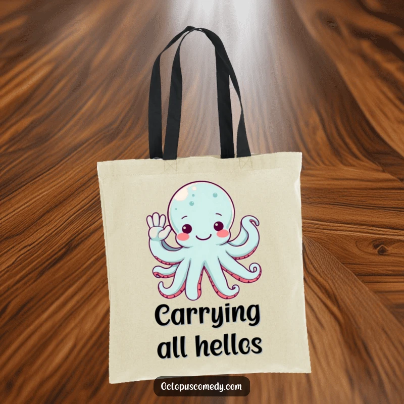 Funny octopus with multiple arms waving hello, on a durable tote bag for a friendly and functional accessory.