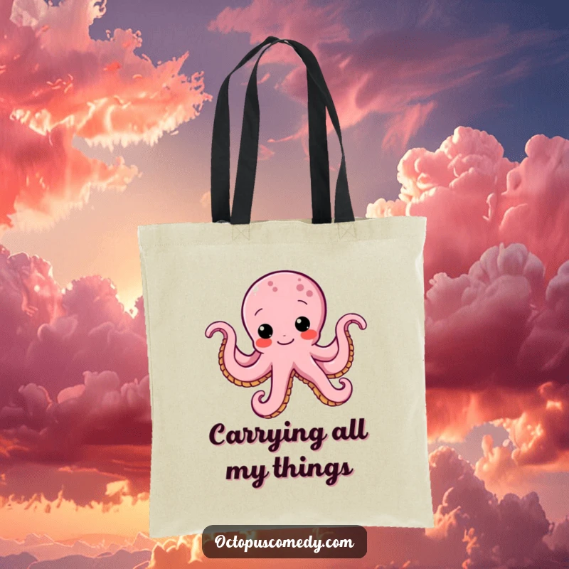 Funny octopus tote bag with a determined octopus doing a funny wiggle, ideal for carrying items with humorous flair.