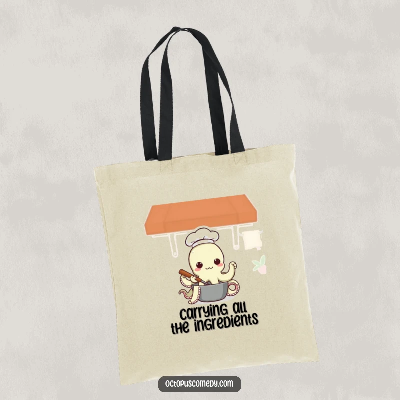 Funny Octopus Chef Tote Bag, showing a happy octopus in a chef hat stirring a pot, great for grocery shopping and gifts.
