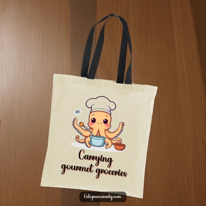 Funny tote bag with an octopus chef wearing a hat and cooking with multiple arms, practical for groceries and a funny gift.