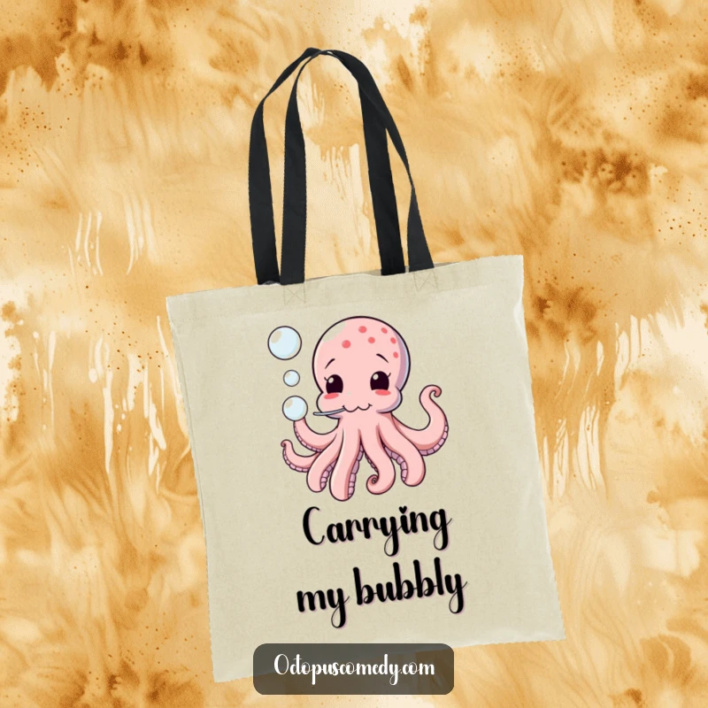 Funny tote bag with a comical octopus playfully blowing bubbles, a humorous and practical accessory for ocean lovers.