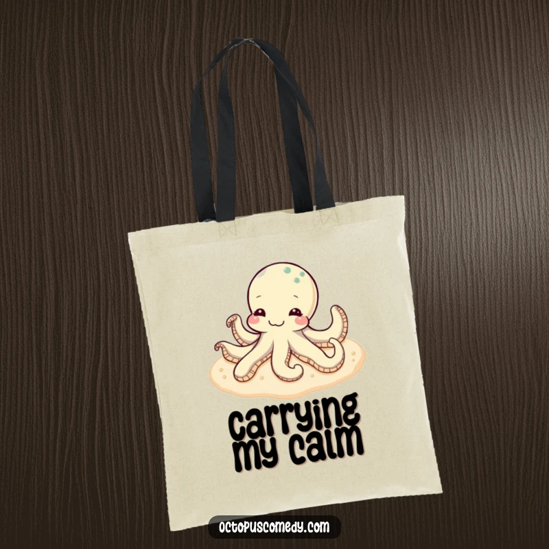 Funny content octopus relaxing on a soft, sandy seabed, printed on a durable and stylish tote bag.
