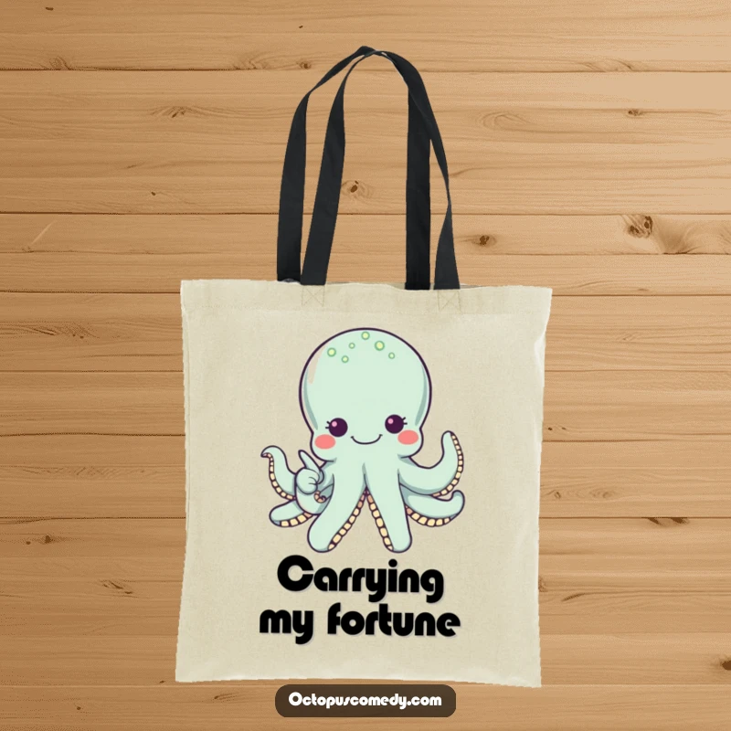 Funny smiling octopus with wide eyes pointing to a pearl, printed on a practical tote bag for shopping.