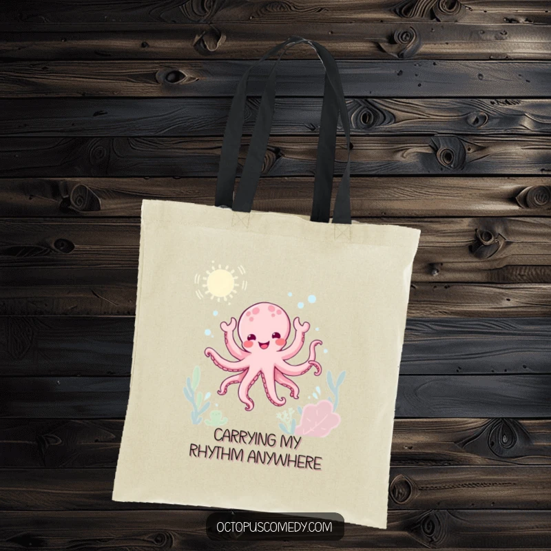 Funny kawaii octopus doing a joyful underwater dance on a tote bag, cute and practical gift.