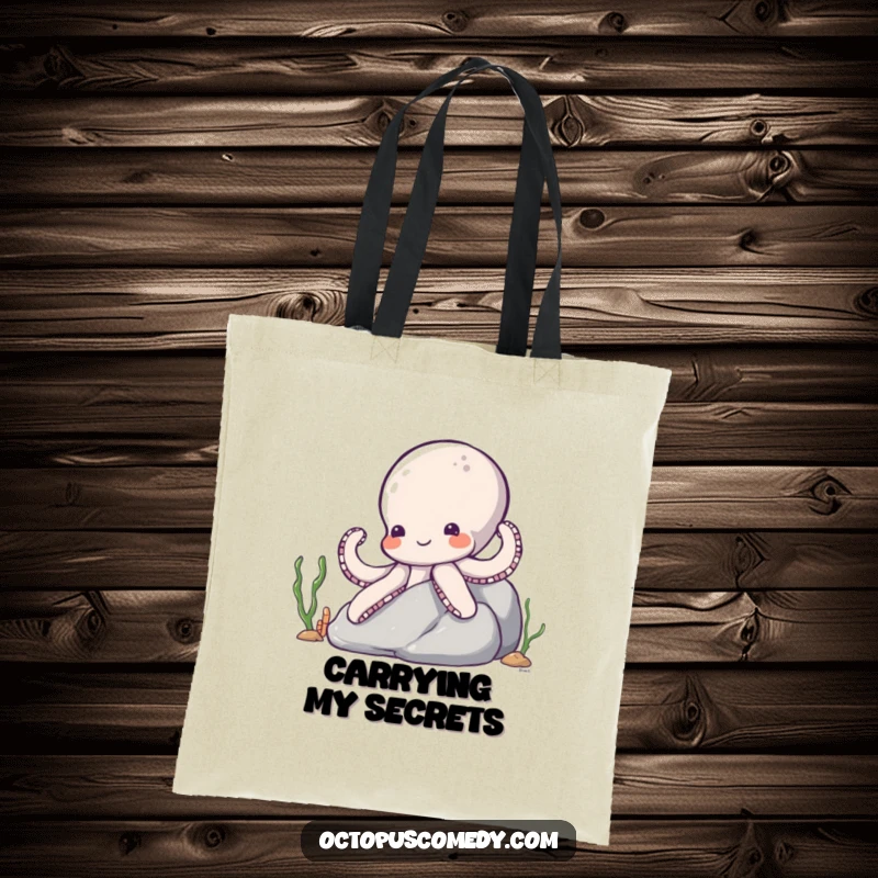 Funny Octopus Tote Bag: A shy octopus with a gentle smile peeking out from a rock, perfect for carrying your ocean treasures.