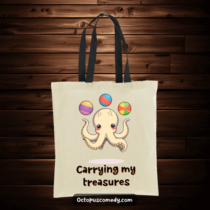 Funny octopus playfully juggling three colorful balls with its tentacles, a humorous and functional tote bag.