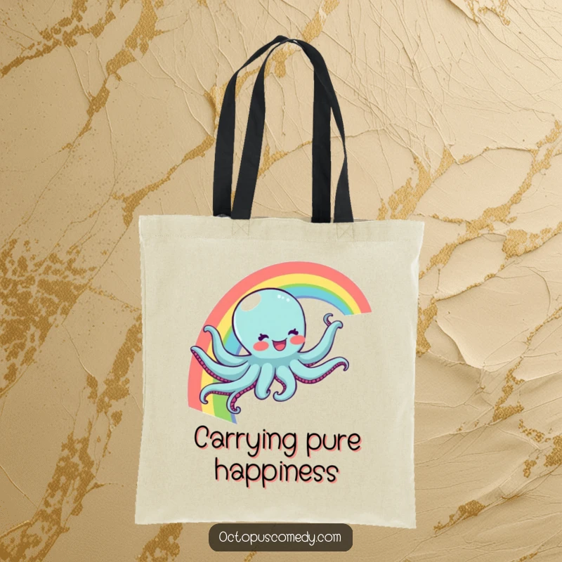 Funny tote bag with a joyful octopus sliding down a rainbow, practical for shopping and carrying items with a magical, funny feel.