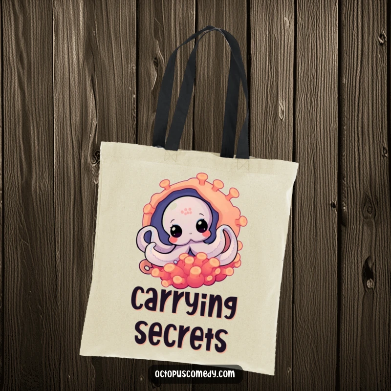 Funny octopus peeking from a vibrant anemone, a humorous tote bag for carrying daily discoveries.