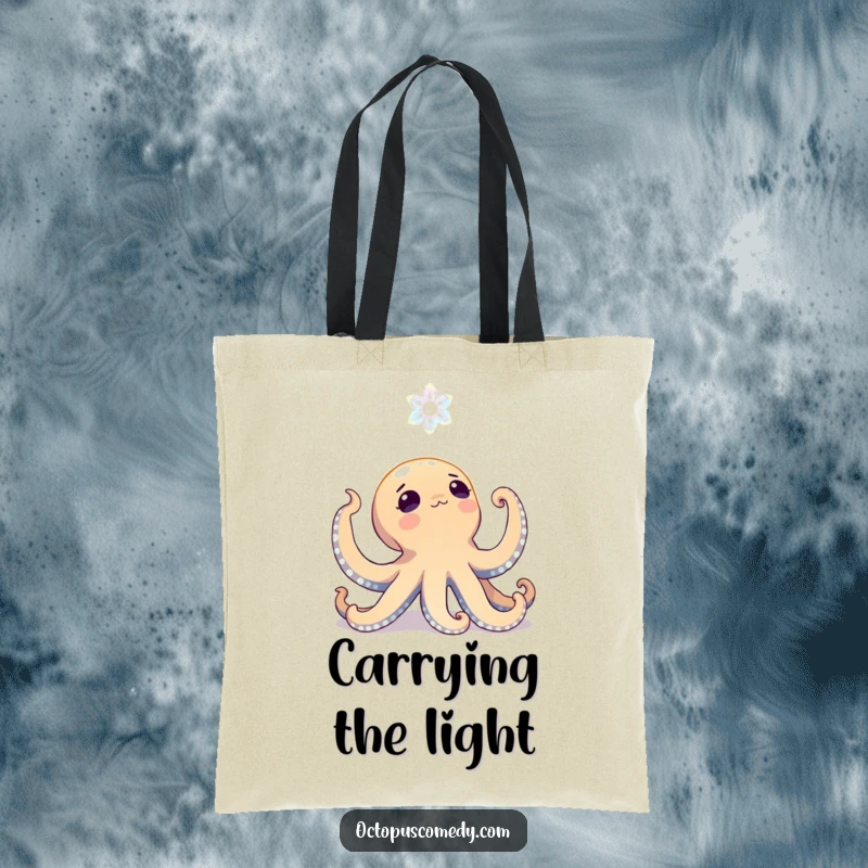 Funny octopus looking up with wonder at a bioluminescent bloom on a tote bag, representing awe and magic, ideal gift.