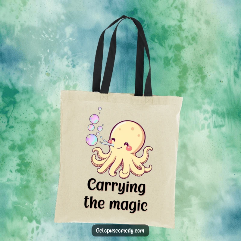 Funny Kawaii Octopus Tote Bag featuring a playful creature blowing iridescent bubbles, perfect for stylishly carrying your belongings with a smile.
