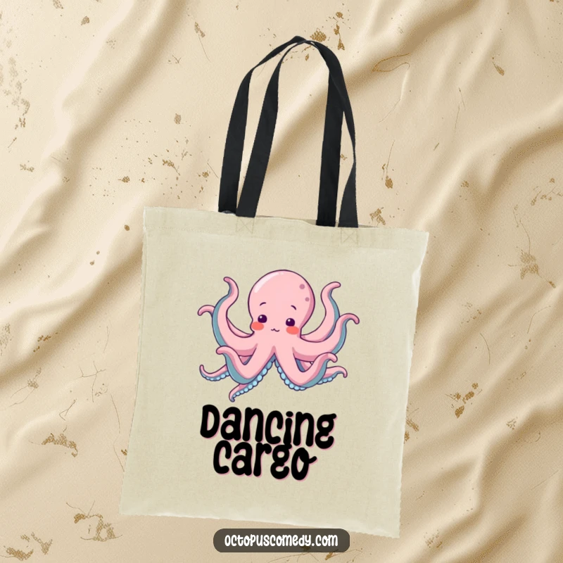 Funny Octopus Tote Bag showing an octopus energetically dancing with all eight arms flailing in silly patterns.