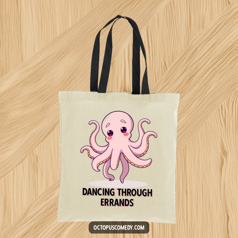 Funny Dancing Octopus Tote Bag, showing a happy octopus dancing with all tentacles in the air, ideal for dance class or shopping.