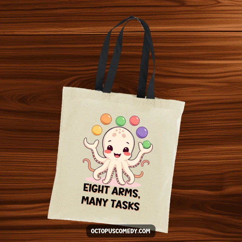 Funny Tote Bag: A smiling octopus skillfully juggles eight colorful balls, perfect for carrying essentials with a touch of playful humor.