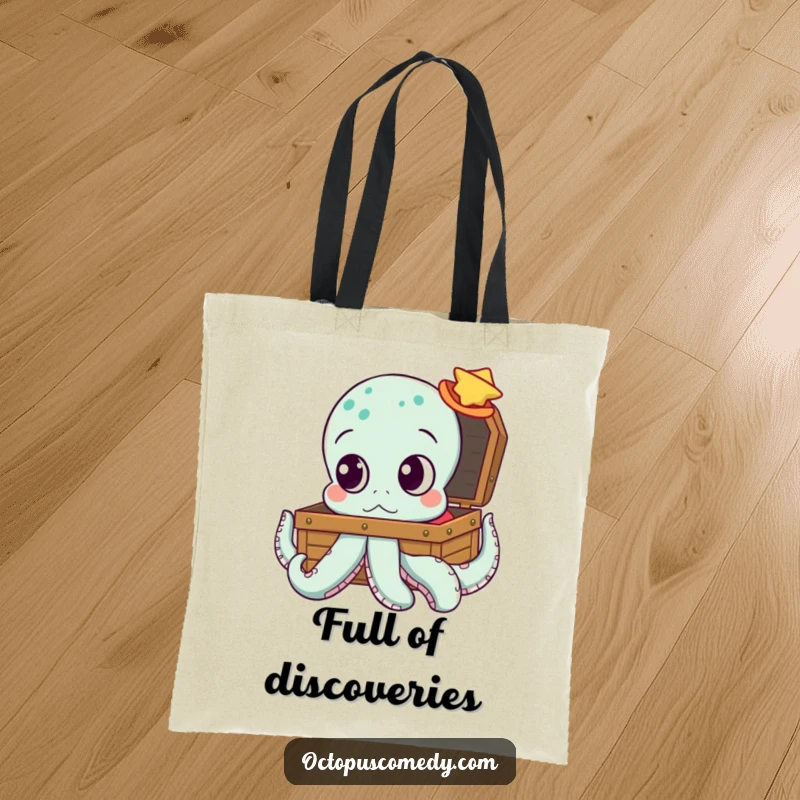 Funny tote bag depicting an octopus with big, curious eyes looking intently at a treasure chest, ideal for explorers.