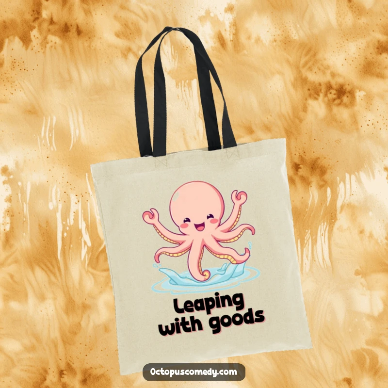 Funny bouncy octopus leaping with glee out of the water, printed on a durable and fun tote bag.