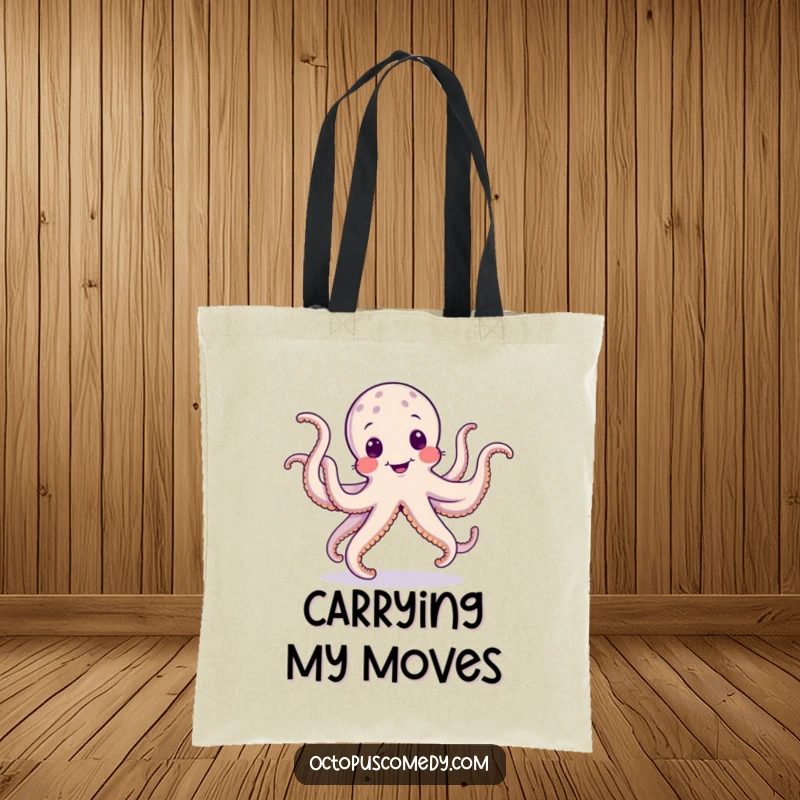 Funny tote bag illustrating a happy octopus performing a silly jig with its wobbly tentacles, great for humorous errands.