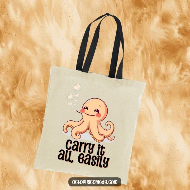 Funny tote bag with a wide-grinning octopus blowing ink bubbles, perfect for carrying items with a humorous and cheerful vibe.