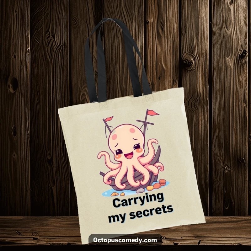 Funny tote bag featuring a cheerful octopus peeking from a shipwreck, a delightful and humorous companion for carrying items.