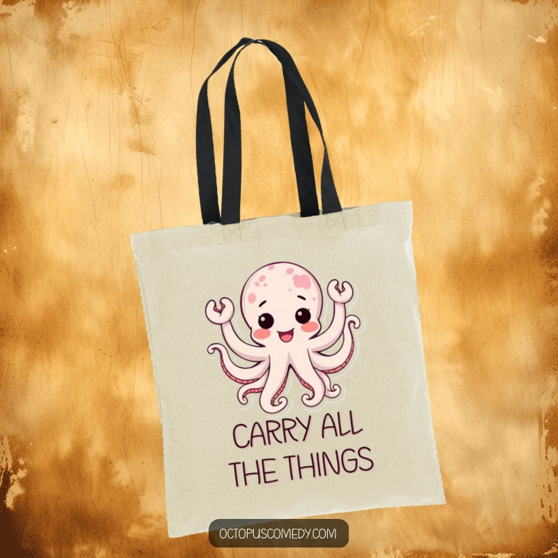 Funny kawaii octopus with multiple happy, waving tentacles, a joyful and functional tote bag.