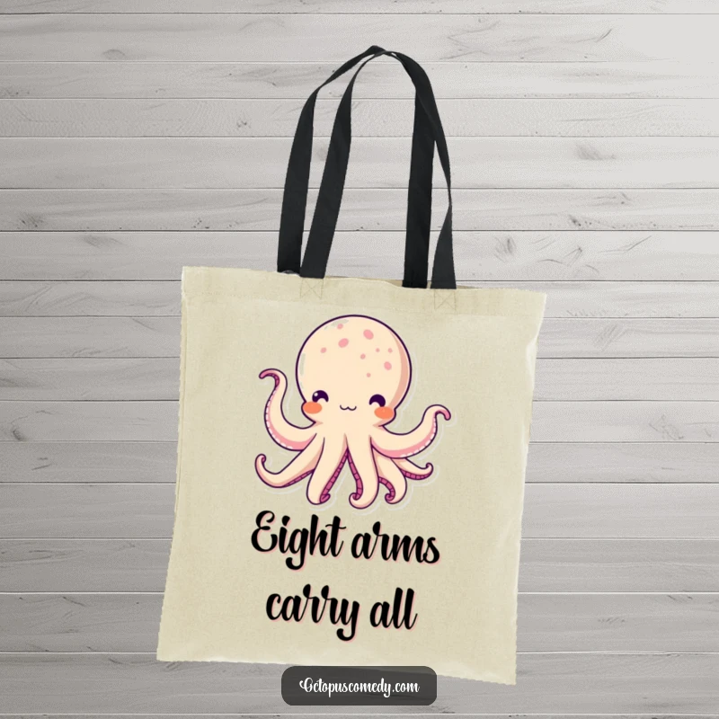 Funny Kawaii Octopus Tote Bag: A durable bag with a cute kawaii octopus, its tentacles waved in greeting.