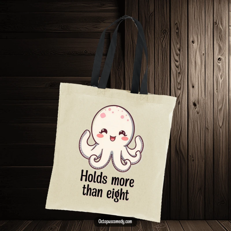 Funny Kawaii Octopus Tote Bag featuring a delightful octopus with sparkling eyes and a wide, happy smile, perfect for cheerful everyday use.